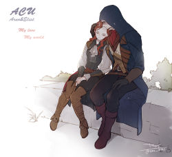 Rule 34 | 1boy, 1girl, arno dorian, artist name, ascot, assassin&#039;s creed: unity, assassin&#039;s creed (series), beard, belt, between legs, black coat, black pants, black vest, boots, brown belt, brown footwear, brown gloves, character name, closed eyes, closed mouth, coat, commentary request, copyright name, elise de la serre, english text, facial hair, full body, gloves, grey ascot, hand between legs, hand on another&#039;s head, hand on own leg, head on another&#039;s shoulder, hetero, highres, hood, hood up, hooded coat, knee boots, long hair, long sleeves, outdoors, pants, red hair, shirt, signature, sitting, sleeping, sleeping upright, twitter username, vest, white background, white shirt, yasai (getsu)