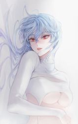 Rule 34 | 1girl, ayanami rei, bra, breasts, commentary, crop top, eyelashes, hair between eyes, hair spread out, highres, large breasts, long hair, long sleeves, looking at viewer, lying, medium breasts, mixed-language commentary, neon genesis evangelion, on back, parted lips, red eyes, sideways, solo, tanna, turtleneck, underboob, underwear, upper body, white background, white bra, white hair