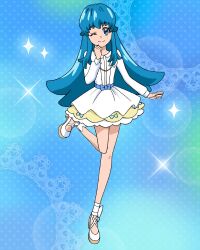 Rule 34 | 1girl, belt, blue eyes, blue hair, dress, full body, happinesscharge precure!, highres, long hair, long sleeves, official art, one eye closed, precure, precure connection puzzlun, shirayuki hime, sidelocks, smile, solo, standing, standing on one leg, third-party source, white dress, white footwear