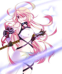 Rule 34 | 1girl, ahoge, armor, blonde hair, dokidokimuuchama, long hair, midriff, milla maxwell, navel, one eye closed, pink hair, solo, sword, tales of (series), tales of xillia, very long hair, weapon, white background, wink