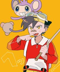 Rule 34 | !, 1boy, aipom, backwards hat, bandaid, bandaid on face, bandaid on nose, brown hair, commentary request, creatures (company), ethan (pokemon), fishing rod, game freak, gen 2 pokemon, goggles, goggles on headwear, hat, highres, holding, holding fishing rod, jacket, male focus, momotose (hzuu xh4), nintendo, on head, open mouth, pokemon, pokemon (creature), pokemon adventures, pokemon on head, red jacket, short hair, shorts, smile, tongue, twitter username, watermark, yellow background, yellow eyes, yellow shorts