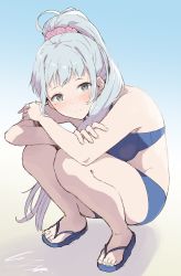 Rule 34 | 1girl, absurdres, bare legs, bikini, blue background, blue bikini, blue eyes, blue footwear, blue hair, blush, breasts, closed mouth, commentary, crossed arms, full body, gradient background, highres, io naomichi, kawasaki saki, light blue hair, long hair, looking at viewer, medium breasts, mole, mole under eye, ponytail, sandals, scrunchie, signature, simple background, smile, solo, squatting, swimsuit, thighs, two-tone background, white background, yahari ore no seishun lovecome wa machigatteiru.