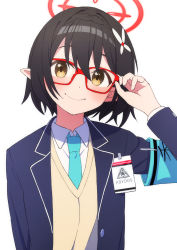 Rule 34 | 1girl, afnroll, armband, ayane (blue archive), black hair, blazer, blue archive, blue necktie, collared shirt, flower, glasses, hair flower, hair ornament, halo, highres, id card, jacket, long sleeves, necktie, pointy ears, red-framed eyewear, shirt, short hair, simple background, smile, sweater vest, yellow eyes