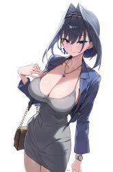 Rule 34 | 1girl, absurdres, bag, blue eyes, blue hair, blue jacket, bow, bow earrings, breasts, chain, chain headband, cleavage, cropped jacket, dongtan dress, dress, earrings, grey dress, hair intakes, handbag, highres, hololive, hololive english, jacket, jewelry, large breasts, meme attire, necklace, ouro kronii, ribbon earrings, short dress, smile, solo, taut clothes, taut dress, tight clothes, tight dress, virtual youtuber, watch, white background, yan.c