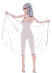 Rule 34 | 1girl, absurdres, ahoge, barefoot, blue eyes, blush, breasts, closed mouth, from behind, full body, grey hair, highres, kantai collection, kiritto, large breasts, long hair, one side up, profile, simple background, solo, standing, suzutsuki (kancolle), white background