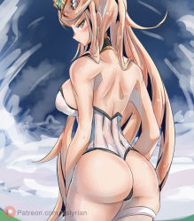 Rule 34 | 1girl, ass, blonde hair, breasts, gem, hair ornament, headpiece, holding, holding behind back, jewelry, large breasts, long hair, mythra (xenoblade), nelyrian1, swimsuit, tiara, xenoblade chronicles (series), xenoblade chronicles 2, yellow eyes