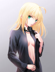 Rule 34 | 1girl, ahoge, artoria pendragon (all), artoria pendragon (fate), black necktie, black shirt, blonde hair, breasts, center opening, collarbone, commentary request, fate/zero, fate (series), green eyes, long hair, long sleeves, looking at viewer, medium breasts, navel, necktie, omizu (omz), open clothes, open shirt, parted lips, saber (fate), shirt, solo, underboob, undressing, upper body