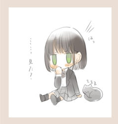Rule 34 | 1girl, :3, ankle socks, black cat, black footwear, black hair, black jacket, black socks, blazer, blunt bangs, blunt ends, blush, blush stickers, bob cut, border, bow, bowtie, cat, chibi, closed eyes, collared shirt, commentary request, ear ornament, earrings, furrowed brow, green eyes, grey skirt, hand to own mouth, highres, jacket, jewelry, jitome, long sleeves, looking at viewer, no mouth, no nose, notice lines, open clothes, open jacket, original, pink border, pleated skirt, red bow, red bowtie, shirt, simple background, sitting, skirt, sleeping, socks, solid oval eyes, stud earrings, sweatdrop, translation request, whiskers, white background, yukimaru nun, zzz