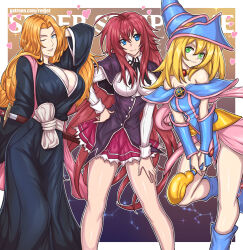 Rule 34 | 3girls, ahoge, arm behind head, text background, black capelet, black corset, black kimono, bleach, blonde hair, blue dress, blue eyes, blue footwear, blue headwear, boots, border, breasts, capelet, cleavage, closed mouth, collared shirt, commentary, corset, crossover, dark magician girl, dress, english commentary, english text, female focus, gold choker, green eyes, hair between eyes, hand on own hip, hand on own thigh, hat, heart, high school dxd, holding, holding wand, japanese clothes, katana, kimono, knee boots, kuoh academy school uniform, large breasts, long hair, looking at viewer, matsumoto rangiku, mole, mole under mouth, multiple girls, one eye closed, orange hair, outside border, parted lips, patreon username, pink shawl, pink skirt, pleated skirt, red hair, red skirt, redjet, rias gremory, school uniform, shawl, sheath, sheathed, shirt, simple background, skirt, smile, standing, standing on one leg, sword, wand, weapon, white border, white hair, wink, wizard hat, yu-gi-oh!