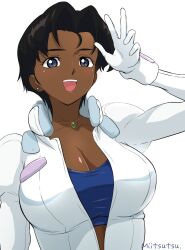 Rule 34 | 1girl, artist name, black hair, blue eyes, blue shirt, breasts, cleavage, collarbone, cropped shirt, dark-skinned female, dark skin, earrings, gloves, gundam, hair behind ear, highres, jewelry, large breasts, leaning back, looking at viewer, marbet fingerhat, mitsutsu322, necklace, pilot suit, shirt, short hair, smile, solo, v, victory gundam, white background, white gloves