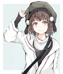 Rule 34 | 1girl, beret, black hat, black shirt, border, brown eyes, brown hair, commentary request, dairyo3, grey background, hat, highres, jacket, kantai collection, looking at viewer, naka (kancolle), official alternate costume, shirt, short hair, solo, strap, sweater, two-tone background, upper body, white border, white jacket, white sweater