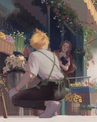 Rule 34 | 1boy, 1girl, aerith gainsborough, alternate costume, alternate universe, apron, barrel, black pants, blonde hair, blue flower, brown hair, bucket, choker, clipboard, cloud strife, collared shirt, final fantasy, final fantasy vii, final fantasy vii remake, florist, flower, flower choker, flower shop, full body, garden, gloves, green apron, green eyes, hair ribbon, highres, ho fan, holding, holding bucket, holding clipboard, lily (flower), long hair, looking at another, pants, parted bangs, parted lips, pink ribbon, pink sweater vest, ponytail, purple flower, red flower, ribbon, shirt, shoes, shop, short hair, short sleeves, sidelocks, smile, sneakers, spiked hair, squatting, sunflower, sweater vest, t-shirt, wagon, wavy hair, white flower, white footwear, white gloves, white shirt, yellow flower