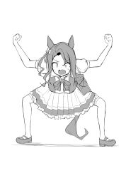 Rule 34 | 1girl, animal ears, arms up, bow, bowtie, chipushishi, clenched hands, ear covers, full body, greyscale, highres, horse ears, horse girl, horse tail, king halo (umamusume), loafers, long hair, looking at viewer, monochrome, open mouth, pleated skirt, puffy short sleeves, puffy sleeves, sailor collar, sailor shirt, school uniform, serafuku, shirt, shoes, short sleeves, simple background, skirt, solo, tail, thighhighs, tracen school uniform, umamusume, white background