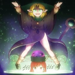 Rule 34 | 2girls, :d, arms up, bare legs, black cloak, black footwear, blonde hair, brown legwear, cloak, commentary request, earrings, fang, glowing, glowing eyes, green eyes, green headwear, hat, hecatia lapislazuli, jewelry, light particles, long sleeves, looking at viewer, magic circle, mizuhashi parsee, multiple girls, open mouth, pendant, pointy ears, red eyes, red hair, shirosato, shoes, short hair, side slit, smile, socks, staff, thighs, touhou, witch hat