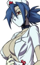 Rule 34 | + +, 1girl, bad id, bad twitter id, blue hair, breasts, choker, cleavage, eyepatch, ganno, gloves, hat, large breasts, latex, latex gloves, mask, mouth mask, nurse, nurse cap, open clothes, ponytail, short hair, simple background, skullgirls, surgical mask, symbol-shaped pupils, upper body, valentine (skullgirls)