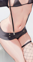 Rule 34 | 1girl, bikini, bikini top only, black bikini, breasts, commentary request, fishnet thighhighs, fishnets, grey background, head out of frame, kouhai-chan (mignon), mignon, navel, original, short shorts, shorts, simple background, single thighhigh, sitting, skindentation, small breasts, solo, stomach, suspenders, swimsuit, thighhighs, thighs