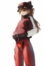 Rule 34 | 1girl, blue eyes, blush, bodysuit, brown hair, closed mouth, eyepatch, hands in pockets, hat, highres, jacket, long hair, long sleeves, neon genesis evangelion, one eye covered, pilot suit, plugsuit, red hat, red jacket, simple background, solo, souryuu asuka langley, wasabi60, white background
