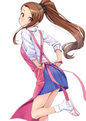 Rule 34 | 10s, 1girl, animal slippers, apron, back, blue skirt, blush, brown eyes, brown hair, bunny slippers, buttons, closed mouth, collared shirt, dress shirt, dressing, from behind, hair ornament, hair scrunchie, idolmaster, idolmaster (classic), idolmaster 2, leg up, long hair, long sleeves, looking at viewer, looking back, minase iori, miniskirt, miri (ago550421), pink apron, pink footwear, pocket, polearm, polka dot, polka dot scrunchie, ponytail, red eyes, scrunchie, shirt, shoe dangle, shoes, sideways glance, simple background, sketch, skirt, sleeves pushed up, slippers, smile, socks, solo, standing, standing on one leg, stitches, tying, tying apron, very long hair, weapon, white background, white shirt, white socks