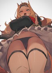 Rule 34 | 1girl, alternate breast size, animal ears, archetto (arknights), arknights, black panties, blonde hair, blue eyes, blush, breasts, dress, fang, from below, grey background, heterochromia, highres, large breasts, long hair, looking at viewer, nitro (mugityaoisii), nose blush, open mouth, panties, red eyes, simple background, solo, sweat, thigh strap, underwear, very long hair