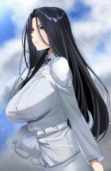 Rule 34 | 1girl, absurdres, belt buckle, breasts, buckle, hand on hilt, highres, invincible dragon (last origin), jacket, large breasts, last origin, long hair, rhlatm, silhouette, skirt, solo, straight hair, taut clothes, upper body, very long hair, white jacket, white skirt