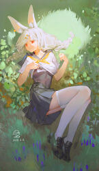 Rule 34 | 1girl, absurdres, animal ear fluff, animal ears, black sailor collar, black skirt, braid, breasts, closed mouth, clothes lift, full body, grey hair, highres, lifted by self, long hair, looking at viewer, medium breasts, neckerchief, one-piece swimsuit, original, plant, pleated skirt, rabbit ears, red eyes, ribao, sailor collar, school swimsuit, school uniform, serafuku, shirt lift, shoes, short eyebrows, short sleeves, skirt, solo, swimsuit, swimsuit under clothes, thick eyebrows, thighhighs, twin braids, white thighhighs, yellow neckerchief