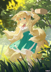 1girl :d absurdres animal_ears arknights arm_up blonde_hair bush buttons cardigan chinese_commentary commentary_request day foot_out_of_frame frilled_skirt frills grass green_eyes green_skirt grin hairband high-waist_skirt highres leg_up light_blush light_particles long_hair looking_at_viewer moli_qiyue multiple_tails neck_ribbon official_alternate_costume open_cardigan open_clothes open_mouth outdoors pantyhose plant red_ribbon ribbon shirt skirt smile solo standing standing_on_one_leg sunlight suzuran_(arknights) suzuran_(spring_praise)_(arknights) tail white_hairband white_pantyhose white_shirt yellow_cardigan yellow_tail