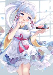 Rule 34 | 1girl, alternate costume, apron, ayaka (genshin impact), bare legs, blue eyes, blue hair, blunt bangs, blurry, blush, commentary, cowboy shot, cup, depth of field, dress, enmaided, floral print, flower knot, frilled dress, frills, genshin impact, green tea, hair ribbon, hand up, highres, hiyada yuu, holding, holding plate, indoors, japanese clothes, light blue hair, lolita fashion, long hair, looking at viewer, maid, maid headdress, open mouth, petals, plate, ponytail, revision, ribbon, sidelocks, smile, solo, sparkle, tea, tress ribbon, wa lolita, wa maid, white apron, window, yunomi