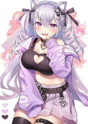 Rule 34 | 1girl, :d, animal ear fluff, animal ears, bare shoulders, between legs, black choker, black shirt, black thighhighs, breasts, choker, cleavage, cleavage cutout, clothing cutout, crop top, drill hair, fang, grey skirt, hair ribbon, hand up, haruyuki 14, heart cutout, highres, hourei tenten, jacket, large breasts, long hair, long sleeves, looking at viewer, melty+, midriff, miniskirt, mole, mole on breast, mole under eye, navel, off shoulder, open clothes, open jacket, open mouth, pleated skirt, purple eyes, purple jacket, ribbon, shirt, silver hair, skirt, sleeveless, sleeveless shirt, smile, solo, thighhighs, twin drills, very long hair, virtual youtuber, zettai ryouiki