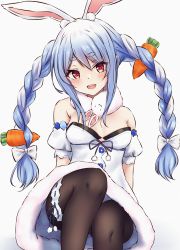 Rule 34 | 1girl, :d, absurdres, animal ear fluff, animal ears, arm support, bare shoulders, black pantyhose, blue hair, blue ribbon, blush, bow, braid, breasts, bridal garter, carrot, carrot hair ornament, commentary request, detached sleeves, don-chan (usada pekora), dress, feet out of frame, food-themed hair ornament, fur trim, hair bow, hair ornament, hair ribbon, head tilt, highres, hololive, long hair, looking at viewer, medium breasts, multicolored hair, open mouth, pantyhose, pikao, pom pom (clothes), puffy short sleeves, puffy sleeves, rabbit ears, red eyes, ribbon, short sleeves, sidelocks, silver hair, simple background, sitting, smile, solo, thick eyebrows, tress ribbon, twin braids, twintails, two-tone hair, usada pekora, usada pekora (1st costume), very long hair, virtual youtuber, white background, white bow, white dress