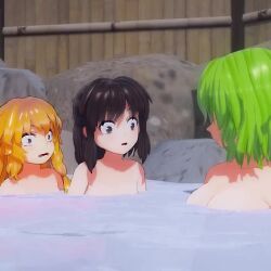 Rule 34 | 3d, 4girls, animated, bathing, bathing together, black hair, blonde hair, blue hair, blush, breast awe, breast comparison, breast envy, breasts, convenient censoring, covering breasts, covering privates, embarrassed, envy, green hair, hair censor, hair over breasts, hakurei reimu, hinanawi tenshi, kazami yuuka, kirisame marisa, large breasts, long hair, looking at breasts, mofumoko5, multiple girls, nude, onsen, outdoor bath, partially submerged, short hair, small breasts, tagme, touhou, video, water