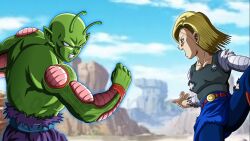 Rule 34 | 1boy, 1girl, alien, android 18, angry, battle, belt, blonde hair, blue eyes, breasts, day, dragonball z, earrings, jewelry, looking at another, medium breasts, mountain, piccolo, skirt, torn clothes, upskirt