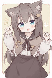 Rule 34 | 1girl, absurdres, ahoge, animal ear fluff, animal ears, ayanepuna, black sailor collar, black skirt, blue eyes, blush, brown background, brown capelet, brown hair, capelet, center frills, collarbone, commentary, fang, frilled capelet, frills, hair between eyes, hair ornament, hairclip, hands up, head tilt, highres, long hair, long sleeves, looking at viewer, notice lines, open mouth, original, puffy long sleeves, puffy sleeves, sailor collar, shirt, skirt, solo, symbol-only commentary, very long hair, white shirt