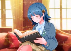Rule 34 | 1girl, absurdres, blue bow, blue hair, blush, book, bow, braid, brown skirt, closed eyes, couch, curtains, day, hair ornament, highres, idolmaster, idolmaster million live!, idolmaster million live! theater days, indoors, knees up, long sleeves, medium hair, musical note, nanao yuriko, official alternate hairstyle, open book, private dress (idolmaster million live!), raby vivid, reading, sitting, skirt, smile, solo, treble clef, window