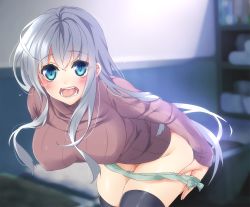Rule 34 | 1girl, aqua panties, bad id, bad pixiv id, black thighhighs, blue eyes, blurry, blush, breasts, depth of field, large breasts, long hair, myg, open mouth, original, panties, ribbed sweater, shelf, silver hair, solo, sweater, thighhighs, underwear, undressing