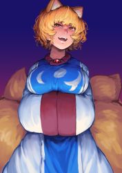 Rule 34 | 1girl, absurdres, animal ear fluff, animal ears, blonde hair, blush, breasts, brown eyes, chanta (ayatakaoisii), cowboy shot, dress, fox ears, fox tail, gradient background, hair between eyes, highres, large breasts, long sleeves, looking at viewer, looking down, messy hair, multiple tails, no headwear, nose blush, open mouth, own hands together, perspective, purple background, short hair, sidelocks, sideways glance, smile, solo, tabard, tail, teeth, tongue, touhou, tsurime, wavy hair, white dress, wide sleeves, yakumo ran