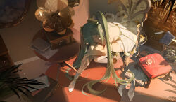 Rule 34 | 1girl, absurdres, book, boots, closed eyes, dress, feathers, gramophone miku, green hair, hair ornament, hatsune miku, highres, miku symphony (vocaloid), phonograph, picture frame, plant, see-through, see-through dress, single thigh boot, solo, table, thigh boots, twintails, vocaloid, w-t
