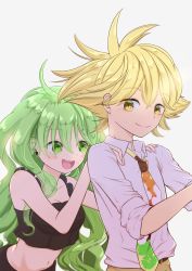 Rule 34 | 1boy, 1girl, :d, belt, blonde hair, blush, breasts, brother and sister, cleavage, crop top, green eyes, green hair, hair between eyes, hands on shoulders, highres, midriff, necktie, open mouth, otogami mimin, pants, pppppp, shirt, siblings, simple background, sleeves rolled up, small breasts, smile, sonoda lucky, spiked hair, wavy hair, white background, white shirt, yellow eyes, yukeyf