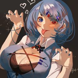 Rule 34 | 1girl, black background, blue eyes, blue hair, blue nails, blue vest, breasts, cleavage, closed mouth, collared shirt, earrings, hair ornament, hairpin, heart, heterochromia, highres, jewelry, large breasts, looking at viewer, nail polish, piercing, red eyes, shirt, short hair, solo, tatara kogasa, tomatolover16, tongue, tongue out, tongue piercing, touhou, upper body, vest, white shirt