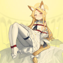 Rule 34 | 1girl, animal ear fluff, animal ears, arms behind back, bare shoulders, blonde hair, blue archive, blush, bound, breasts, buttons, cad (caddo), detached sleeves, double-breasted, dress, flower, forehead, fox ears, gradient eyes, hair flower, hair ornament, halo, high heels, highres, long hair, looking at viewer, multicolored eyes, necktie, pantyhose, parted bangs, parted lips, rope, sailor collar, seia (blue archive), sidelocks, sleeves past fingers, sleeves past wrists, small breasts, solo, white dress, white pantyhose, white sailor collar, yellow eyes