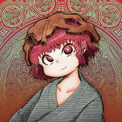 Rule 34 | 1other, :3, androgynous, blue kimono, brown headwear, chikafumikou, closed mouth, collarbone, commentary, head tilt, helmet, japanese clothes, katano sukune, kimono, len&#039;en, looking at viewer, other focus, portrait, red eyes, red hair, short hair, solo