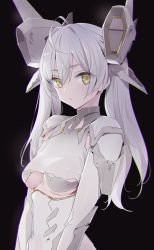 Rule 34 | 1girl, ahoge, black background, bodysuit, breasts, clothing cutout, commentary, headgear, highres, long hair, looking at viewer, medium breasts, original, parted lips, silver hair, simple background, solo, symbol-only commentary, twintails, underboob, underboob cutout, upper body, white bodysuit, yd (orange maru), yellow eyes