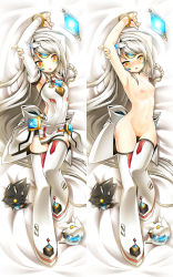Rule 34 | 1girl, armpits, arms up, bad id, bad pixiv id, bed sheet, blush, bodysuit, bracelet, breasts, code: electra (elsword), crystal, dakimakura (medium), elsword, eve (elsword), flat chest, hairband, jewelry, looking at viewer, lying, mecha musume, moby (elsword), multiple views, nipples, nude, on back, open mouth, poseich, pussy, remy (elsword), thighhighs, uncensored, white hair, yellow eyes