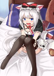 Rule 34 | 1girl, animal ears, apron, azur lane, bed, black shirt, black skirt, black thighhighs, blue eyes, blush, bow, breasts, cat ears, cleavage, commentary request, criss-cross halter, fang, flag print, frilled apron, frilled skirt, frilled sleeves, frills, from above, hair bow, halterneck, hammann (azur lane), highres, indoors, long hair, looking at viewer, looking up, on bed, open mouth, pillow, ponytail, puffy short sleeves, puffy sleeves, shirt, short sleeves, sidelocks, silver hair, sitting, skirt, small breasts, solo, striped, striped bow, thighhighs, tsukiman, union jack, very long hair, waist apron, wavy mouth, white apron
