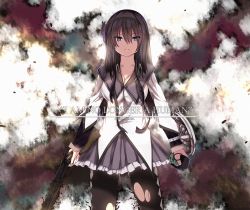 Rule 34 | 10s, 1girl, akemi homura, argyle, argyle clothes, argyle legwear, black hair, character name, detonator, english text, explosion, expressionless, gun, hair between eyes, hairband, has bad revision, hews, highres, long hair, looking at viewer, magical girl, mahou shoujo madoka magica, mahou shoujo madoka magica (anime), md5 mismatch, pantyhose, purple eyes, resolution mismatch, self-upload, shield, shotgun, solo, source smaller, torn clothes, torn pantyhose, weapon