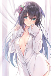 Rule 34 | 1girl, black hair, blush, breasts, closed mouth, cowboy shot, curtains, flower, green eyes, hair flower, hair ornament, highres, long hair, long sleeves, looking at viewer, naked shirt, no bra, nozomi tsubame, open clothes, open shirt, original, partially unbuttoned, shirt, sleeves past wrists, small breasts, smile, solo, two side up, very long hair, white flower, white shirt, yukiha (nozomi tsubame)