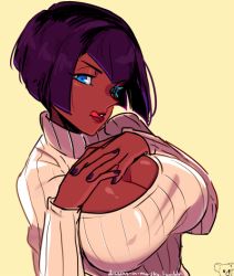 Rule 34 | 1girl, artist name, black hair, blue eyes, bob cut, breasts, cleavage, covered erect nipples, d-ryuu, dark-skinned female, dark skin, eliza (skullgirls), female focus, large breasts, licking lips, lipstick, lowres, makeup, meme attire, nail polish, naughty face, open-chest sweater, own hands together, short hair, skullgirls, solo, sweater, tongue, tongue out, upper body, yellow background