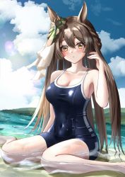 Rule 34 | 1girl, aimi (tikichin0229), animal ears, barefoot, blush, breasts, brown hair, cloud, covered navel, day, highres, horse ears, horse girl, horse tail, in water, large breasts, long hair, looking at viewer, one-piece swimsuit, outdoors, partially submerged, satono diamond (umamusume), school swimsuit, sitting, sky, swimsuit, tagme, tail, umamusume, wariza, wet