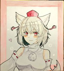 Rule 34 | 1girl, animal ears, bare shoulders, blush, closed mouth, commentary, detached sleeves, hat, heart, highres, inubashiri momiji, looking at viewer, photo (medium), pom pom (clothes), red eyes, shirt, short hair, sleeveless, sleeveless shirt, smile, solo, tanaji, tokin hat, touhou, traditional media, white hair, white shirt, wolf ears