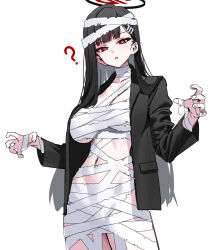 Rule 34 | 1girl, ?, black hair, black shirt, blue archive, breasts, cleavage, halloween, halloween costume, halo, large breasts, long hair, long sleeves, looking at viewer, mummy costume, mx2j, navel, red eyes, rio (blue archive), shirt, simple background, solo, standing, white background