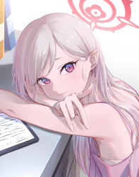 Rule 34 | 1girl, absurdres, alternate hairstyle, armpits, bare arms, bare shoulders, blue archive, blush, bra, bracelet, camisole, clock, closed mouth, hair down, halo, head rest, highres, jewelry, long hair, looking at viewer, mutsuki (blue archive), pointy ears, revision, sjuno, sleeveless, smile, solo, spaghetti strap, underwear